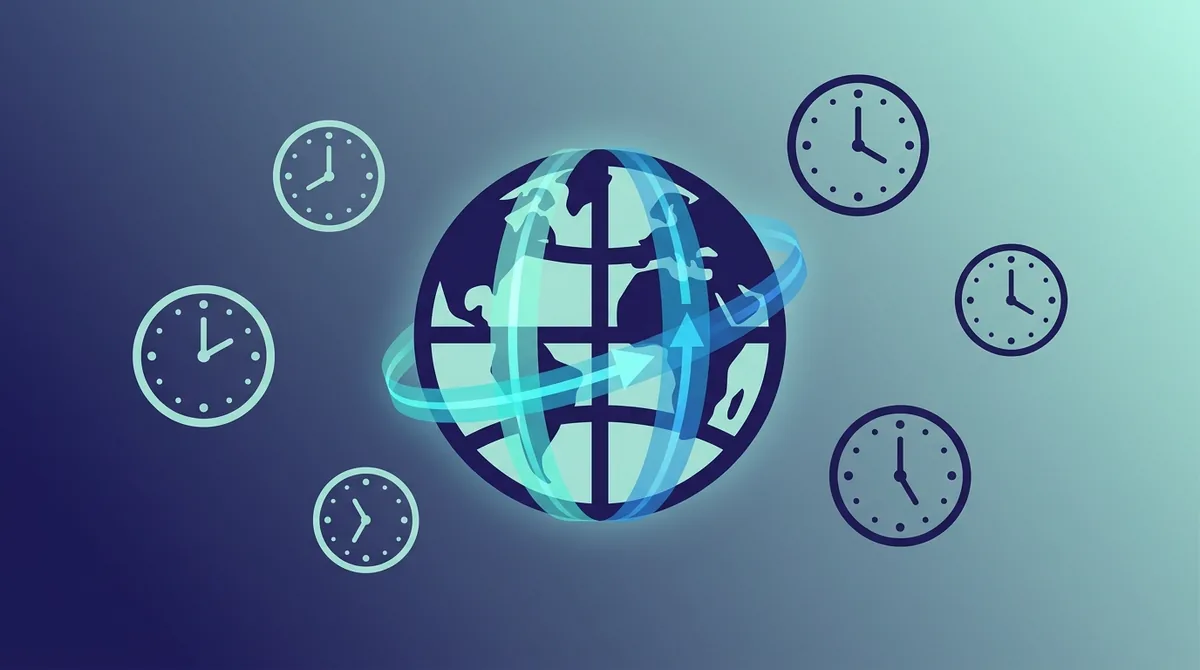 Ilustracja globusa podzielonego na pasy stref czasowych promieniujące od południka zerowego w Greenwich, z zegarami pokazującymi różne czasy lokalne
